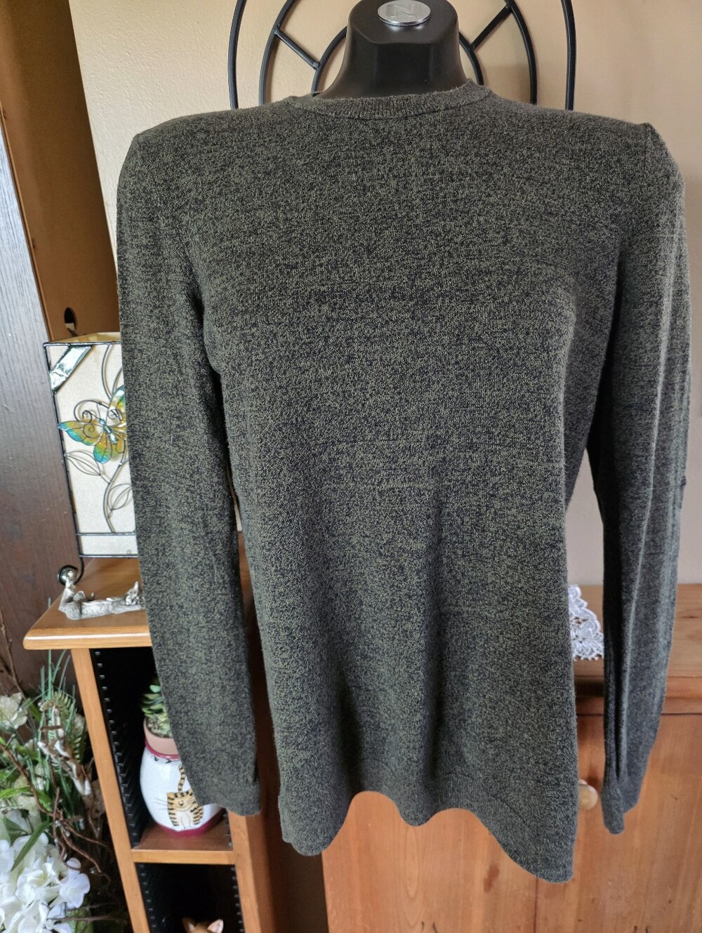 TOPMAN Men's 100% Cotton Crewneck Pullover Speckled Olive Green Sweater